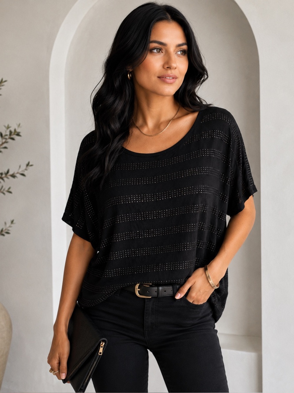 Forever 21 Black Rhinestone Stripe Dolman Sleeve Top Women’s S Y2K Party Blouse